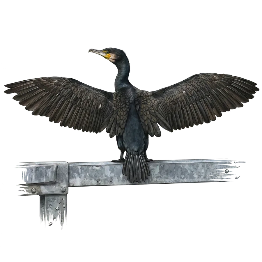 AI-generated illustration of the cormorant with its wings spread, based on the adjacent photograph.